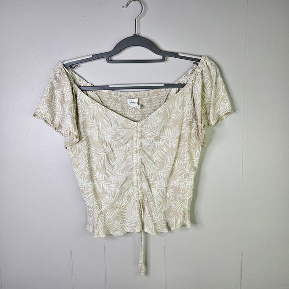 Japna Beige Tropical Crop Top Short Sleeve Blouse Size Large Beachy Coastal - Picture 1 of 9